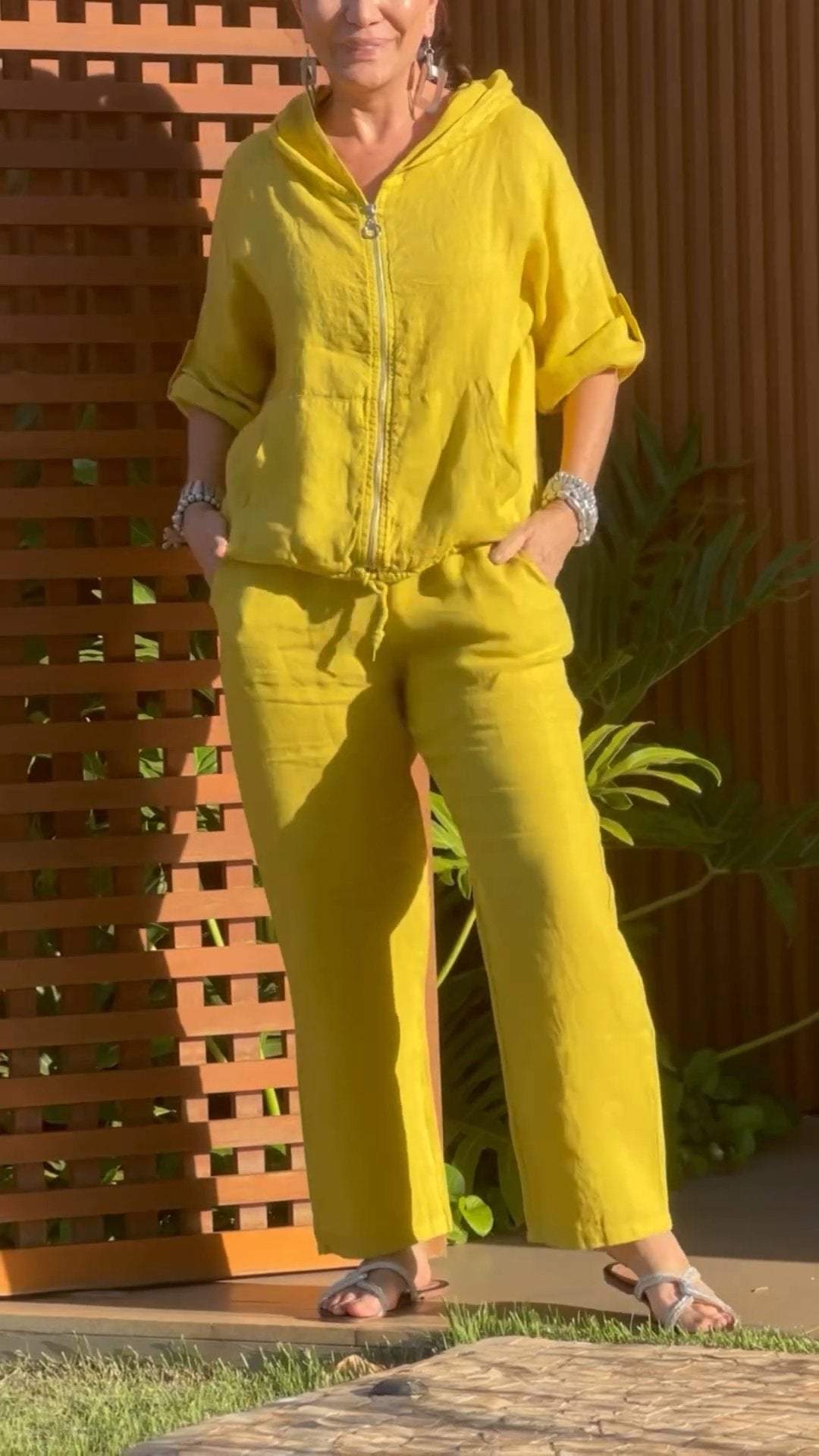 Elyraxa™ - Ensemble femme capuche zip coton lin coupe ample été