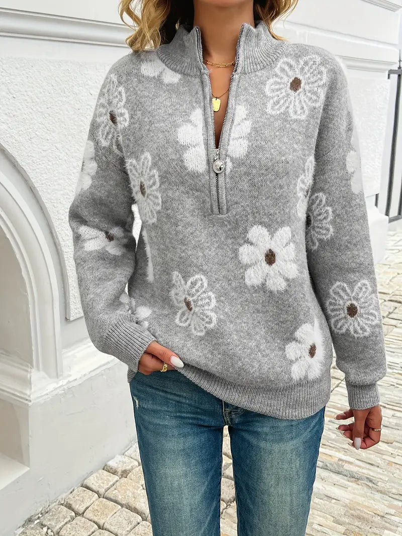 Pauline™ - Sweater à zip floral à épaules tombantes