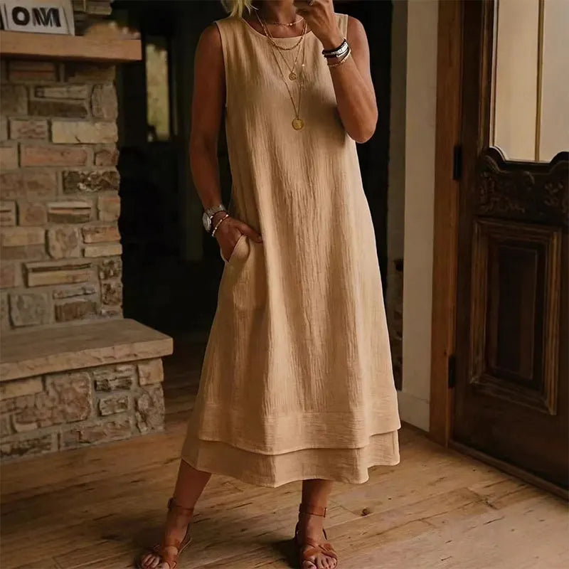 Riselia - Robe midi femme sans manches fluide à volants