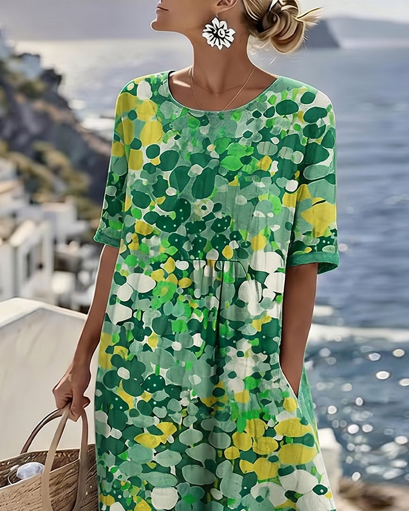 Averixa™ - Robe femme mi-longue imprimé floral abstrait coton lin été
