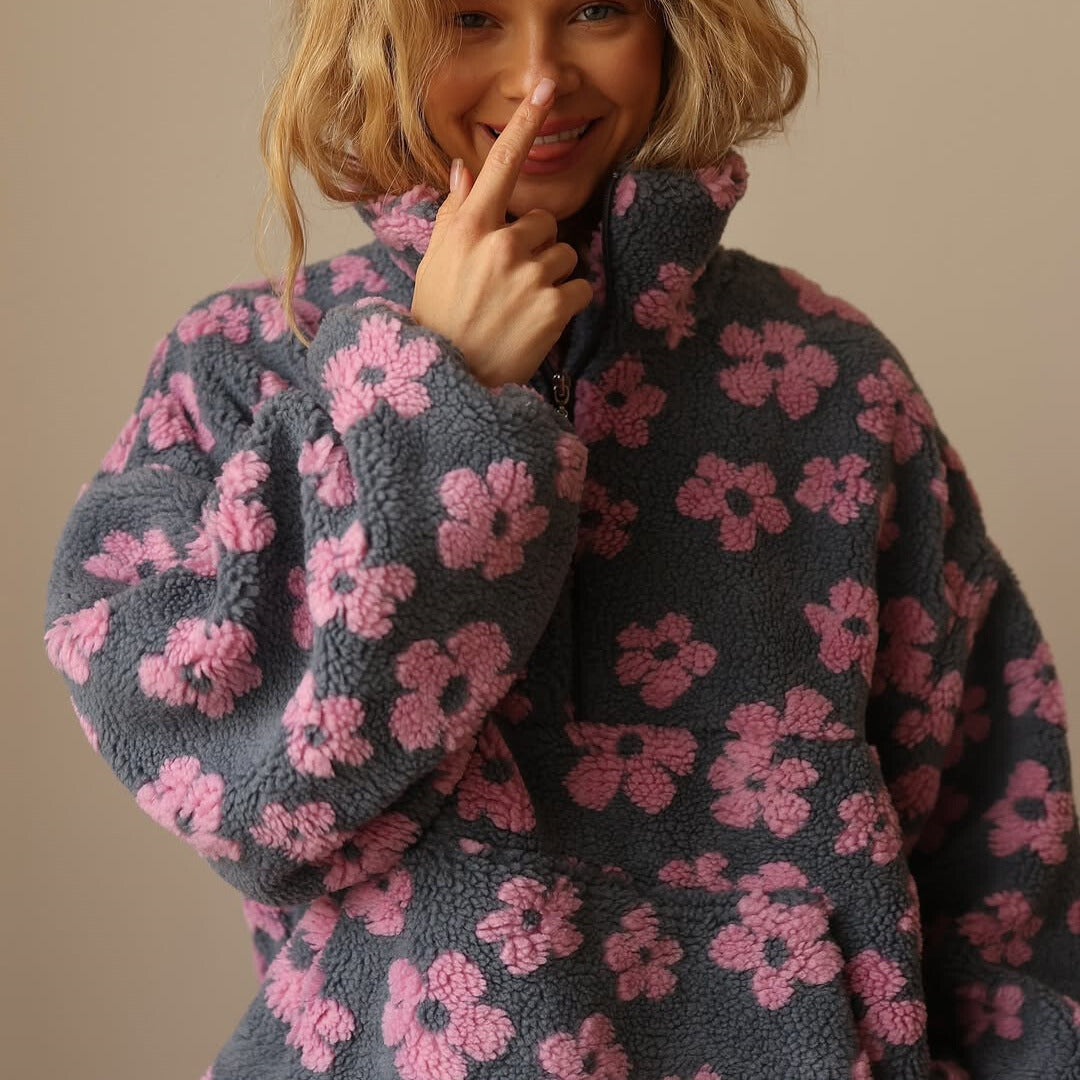 Jovira™ - Sweat en polaire sherpa avec fleurs boho et coupe oversize