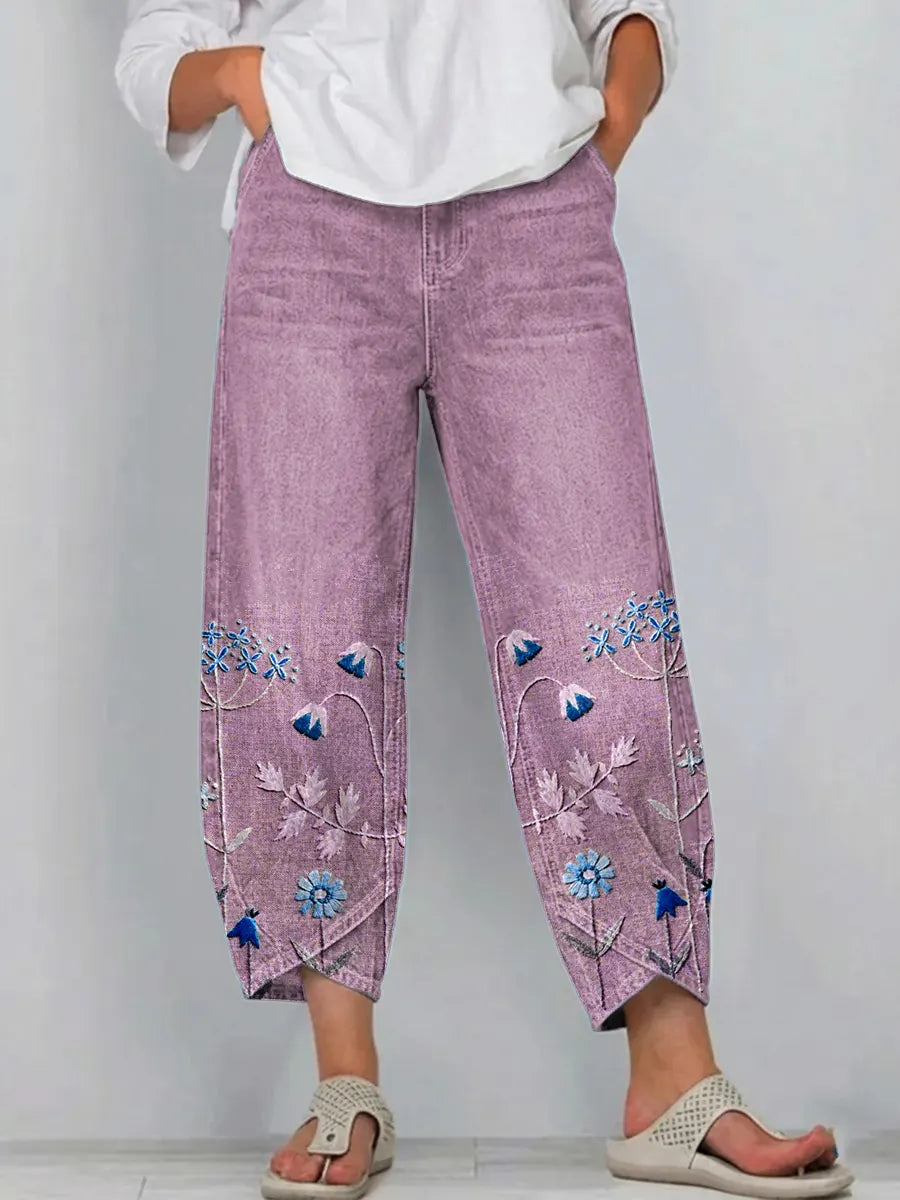 Fiorixa™ - Pantalon femme denim broderie florale coupe droite casual