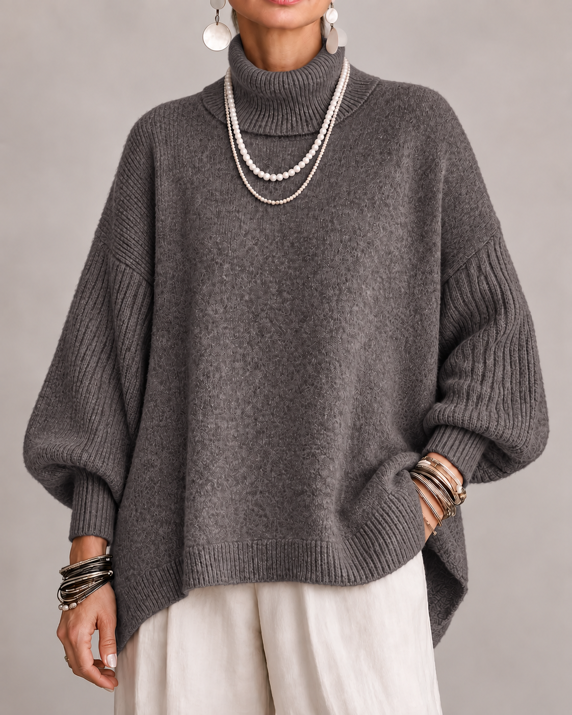 Olympe - Pull col roulé femme oversize à manches côtelées