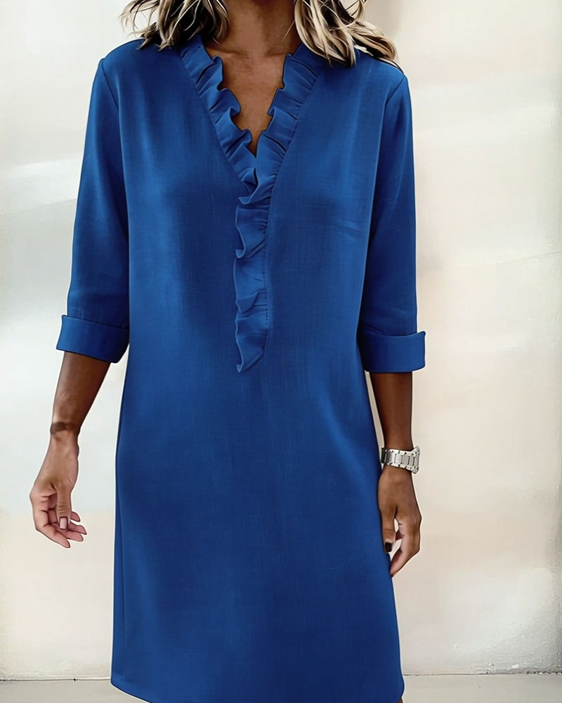 Ophivyn™ - Robe femme col V à volants coupe droite style décontracté