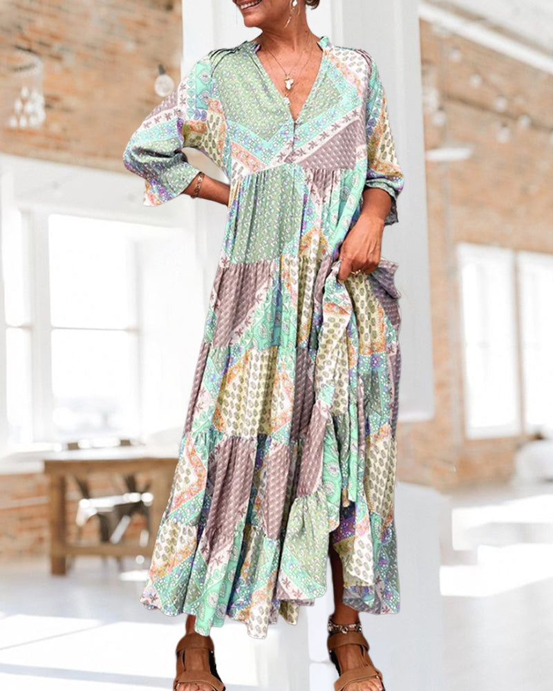 Quinna™ - Robe maxi colorée à imprimé color block et manches 3/4