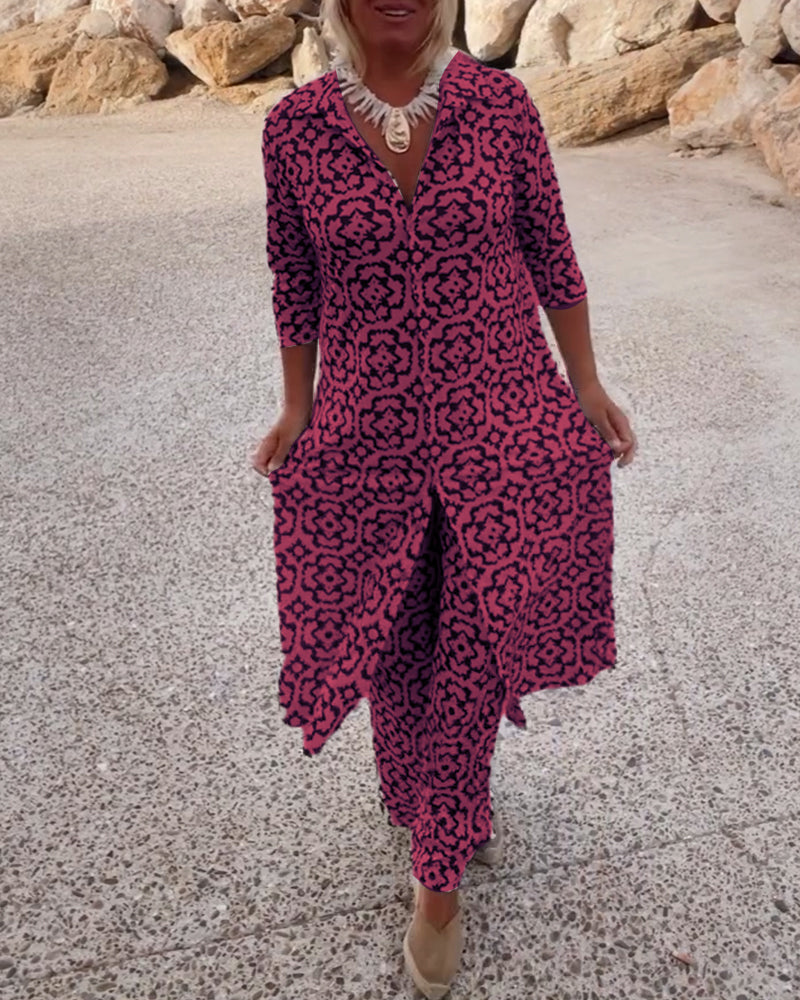 Livia™ - Ensemble Vintage Imprimé avec Revers et Boutons
