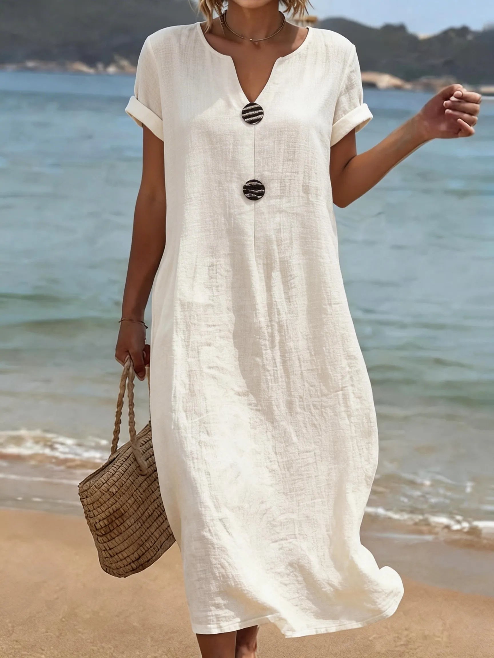 Quinora - Robe longue femme fluide unie avec boutons