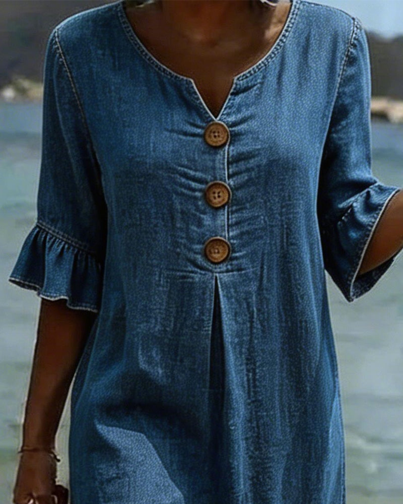 Fynorae™ - Robe femme en jean manches volants coupe fluide été plage