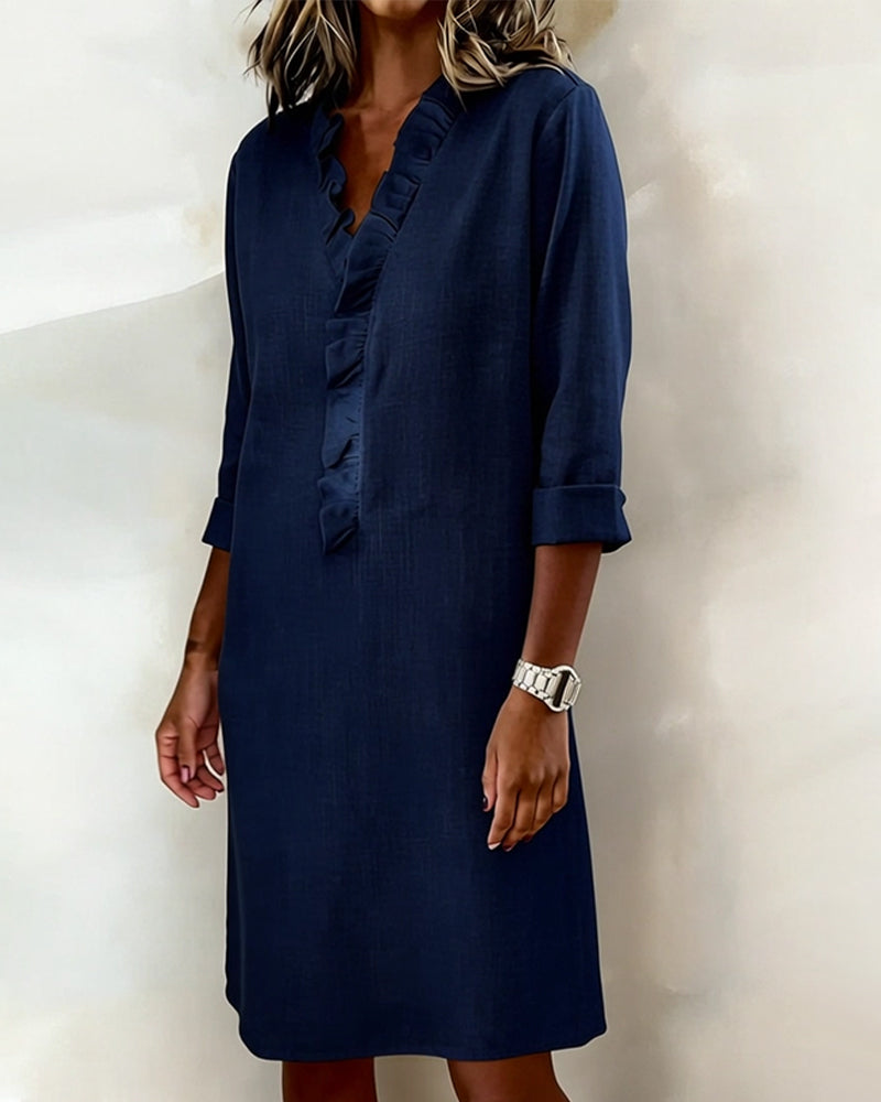 Ophivyn™ - Robe femme col V à volants coupe droite style décontracté