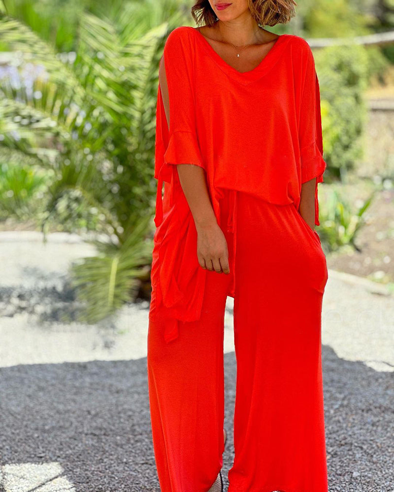 Ginevra™ - Ensemble décontracté deux pièces à décolleté en V et pantalon à jambes larges