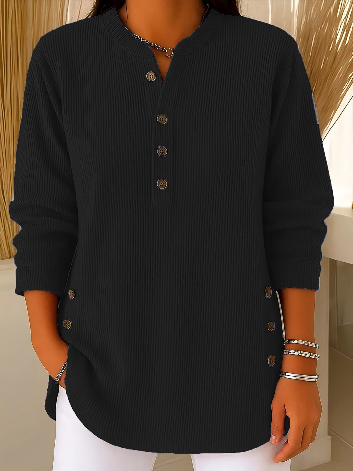 Noortje - Blouse femme texturée à boutons latéraux et manches longues