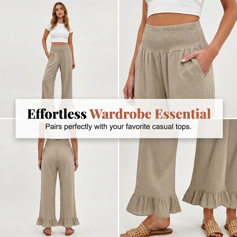 Dorexa™ - Pantalon femme taille haute smockée large coton lin boho
