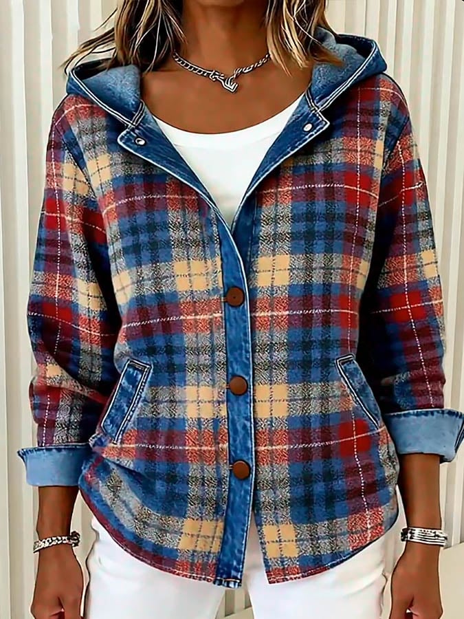 Nadrina™ - Veste en Jean à Capuche et Motif à Carreaux Contrastés