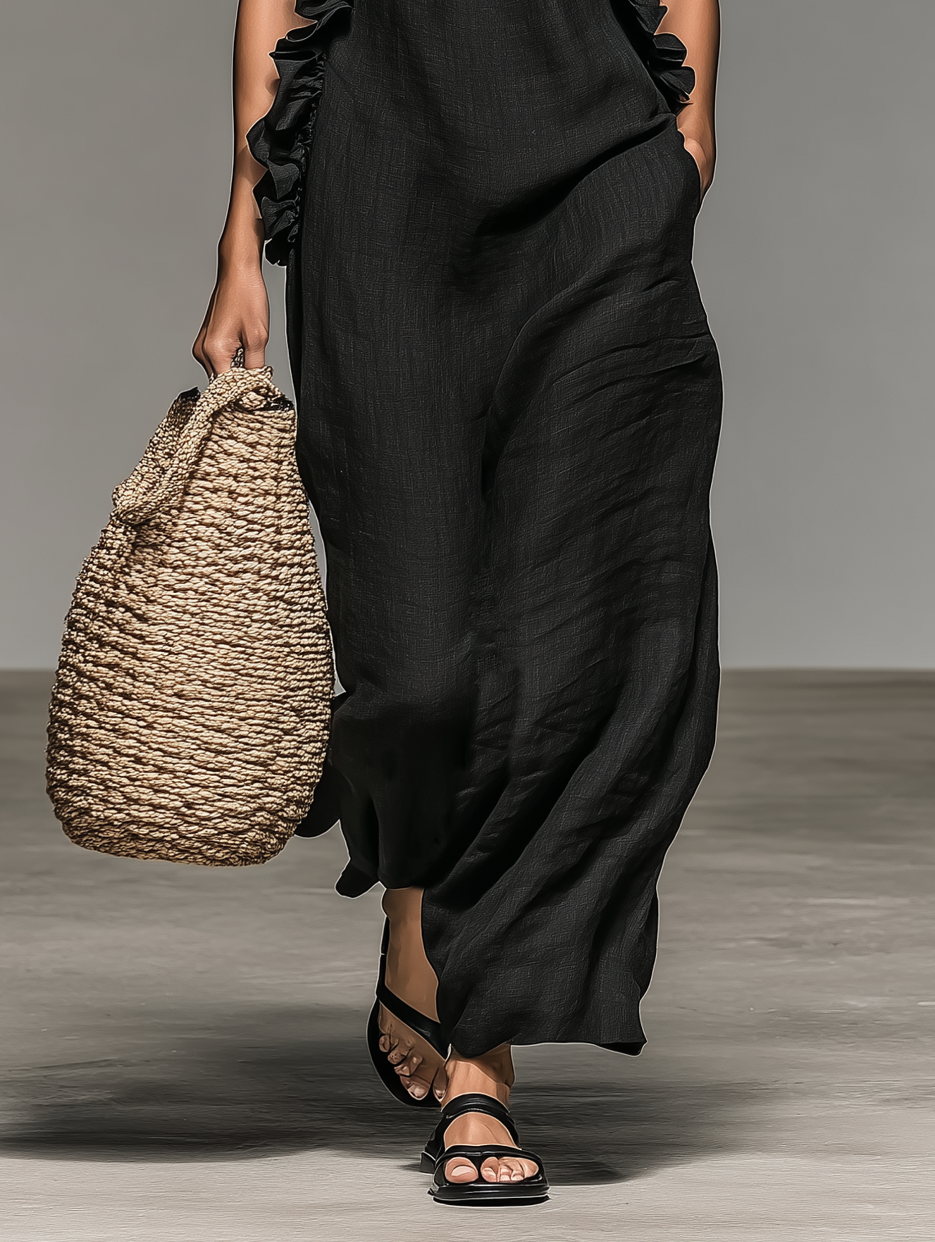 Grevina - Robe maxi femme sans manches à volants avec poches