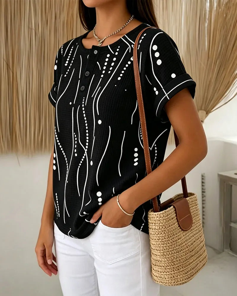Zelynn - T-shirt femme imprimé à manches courtes avec boutons