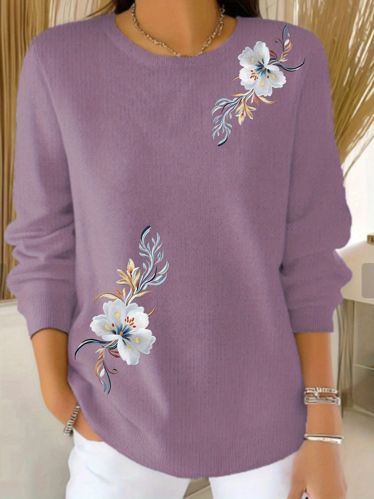 Yenthe - Pull femme rouge à fleurs imprimées et col rond