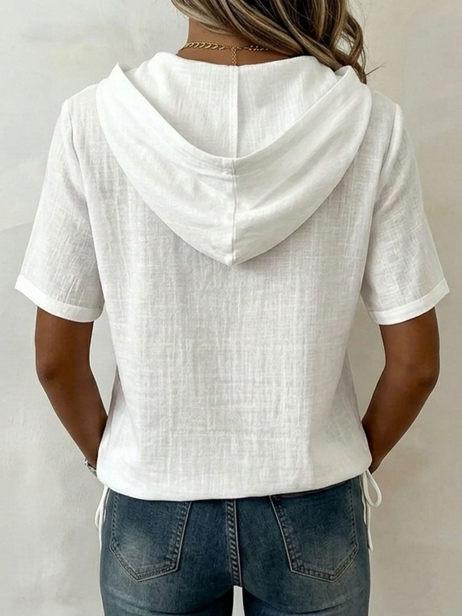 Aevrixa™ - Top femme à capuche fluide manches courtes boutons col ouvert style casual