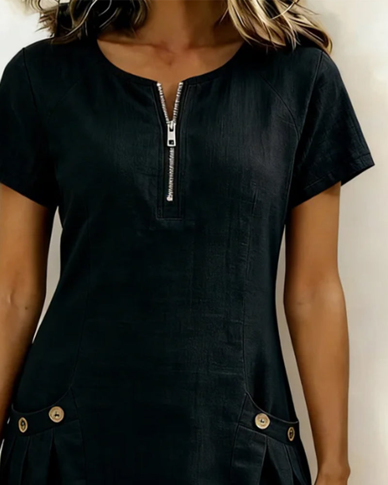 Kovira™ - Robe Courte Coton Lin avec Fermeture Éclair et Poches