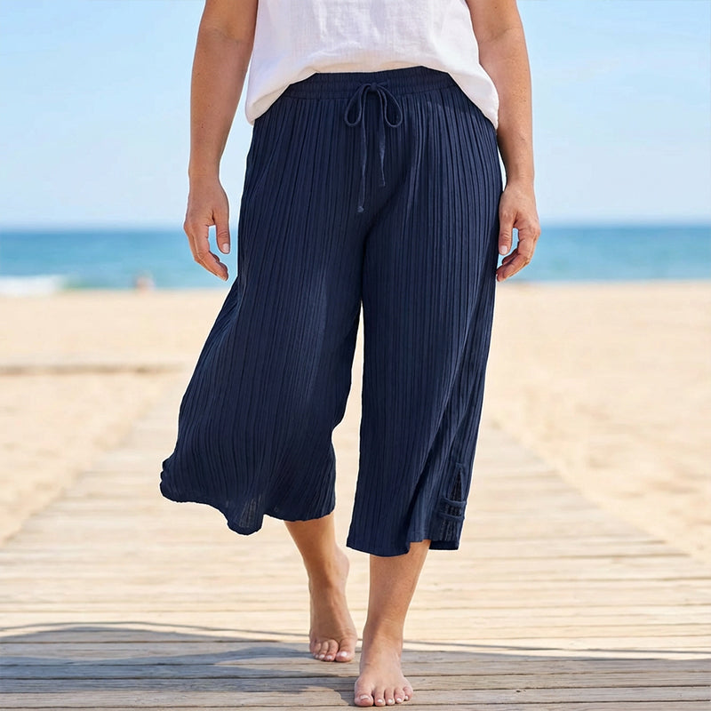 Cyntra™ - Pantalon Femme Coton Lin Jambes Larges Taille Confort Coupe Fluide