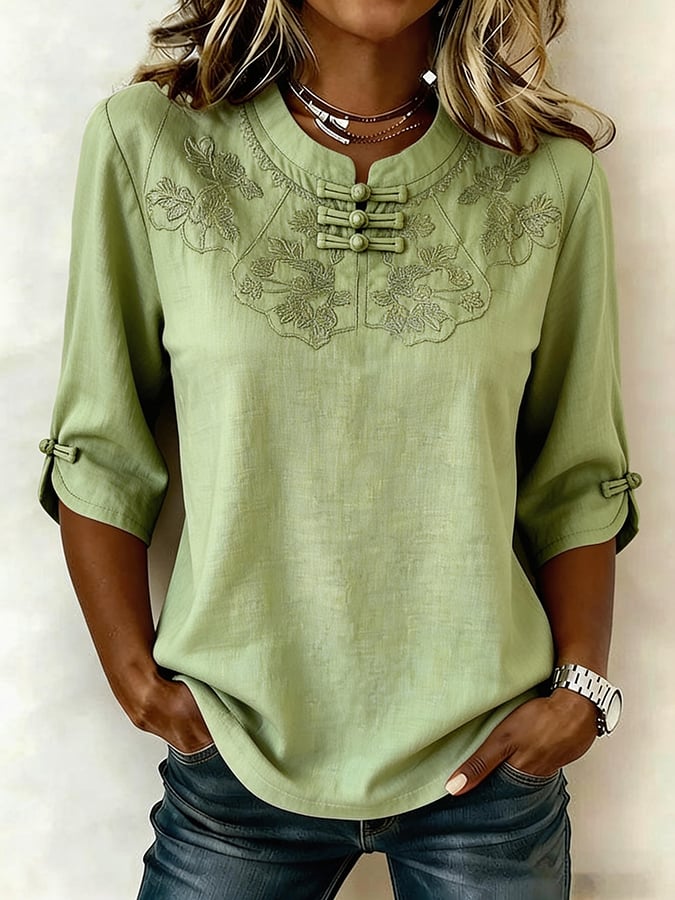 Myrvella™ - Top femme brodé col rond style naturel coton lin