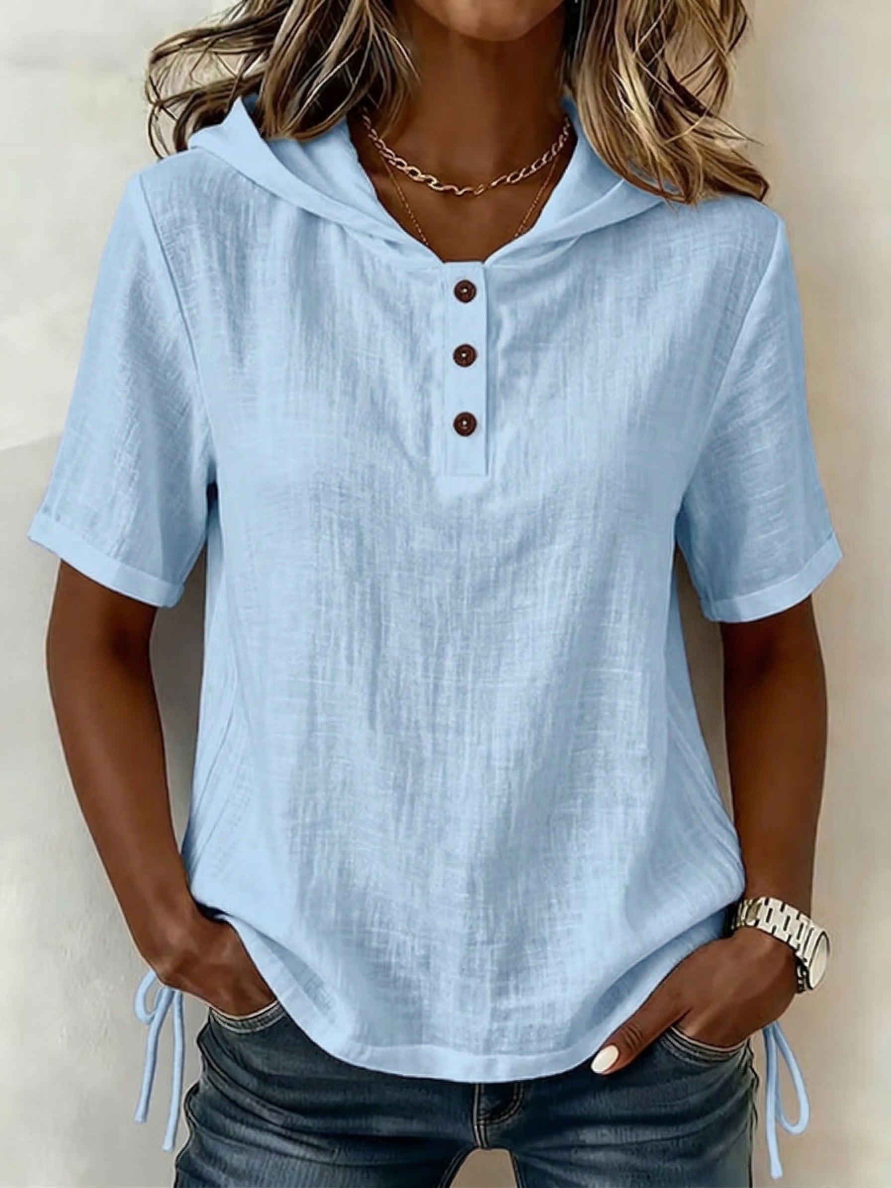 Aevrixa™ - Top femme à capuche fluide manches courtes boutons col ouvert style casual