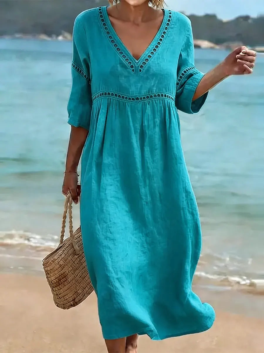 Rynoxa™ - Robe femme midi fluide col V manches larges style naturel élégant
