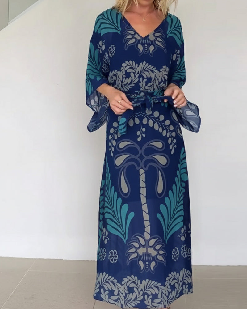 Praxellea™ - Robe bohème femme maxi ample col V imprimé feuilles élégant
