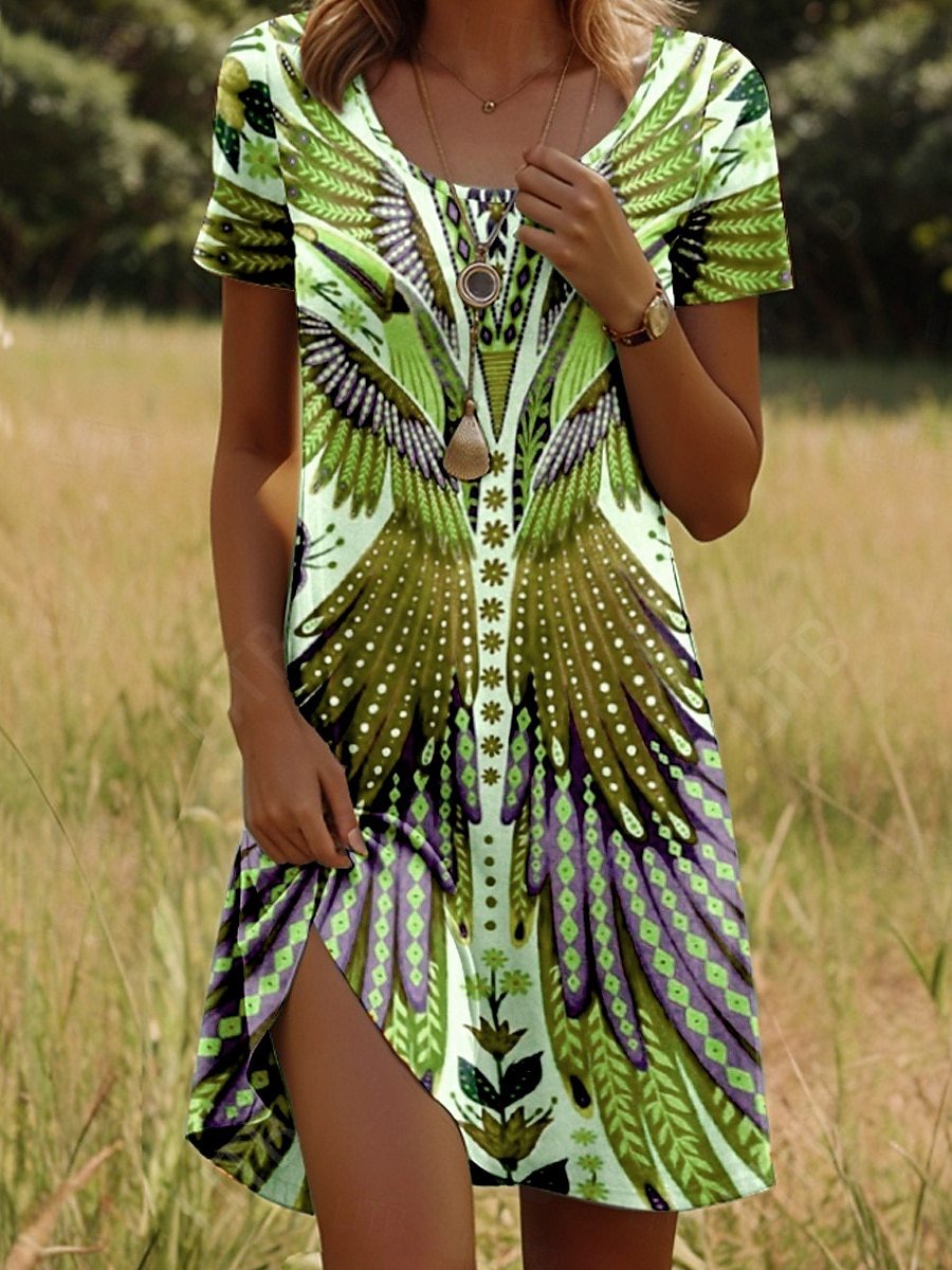 Nivara™ - Robe à Col Rond avec Imprimé Indien à Manches Courtes