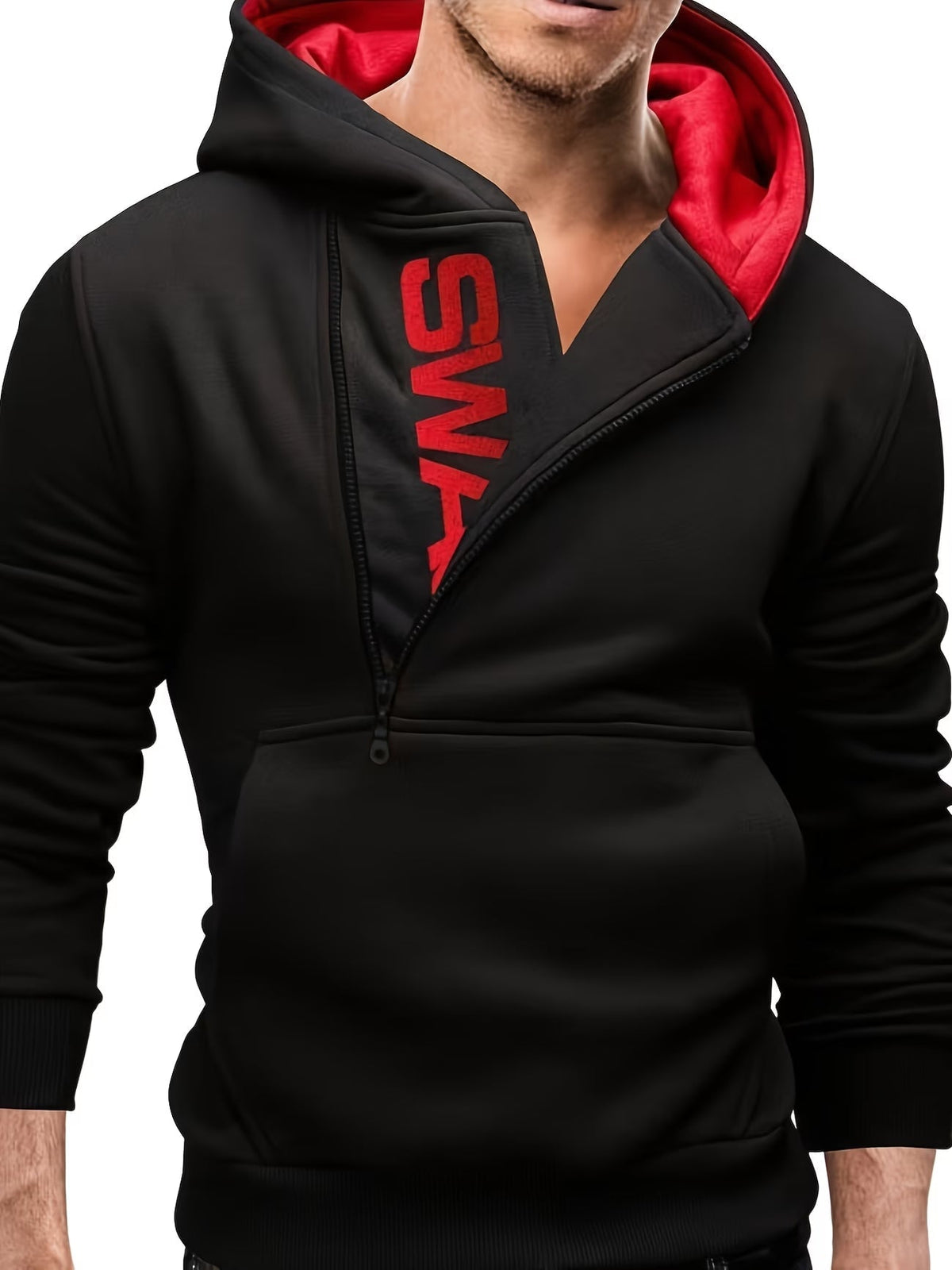 Loic - Sweat à capuche homme slim fit à zip asymétrique et imprimé