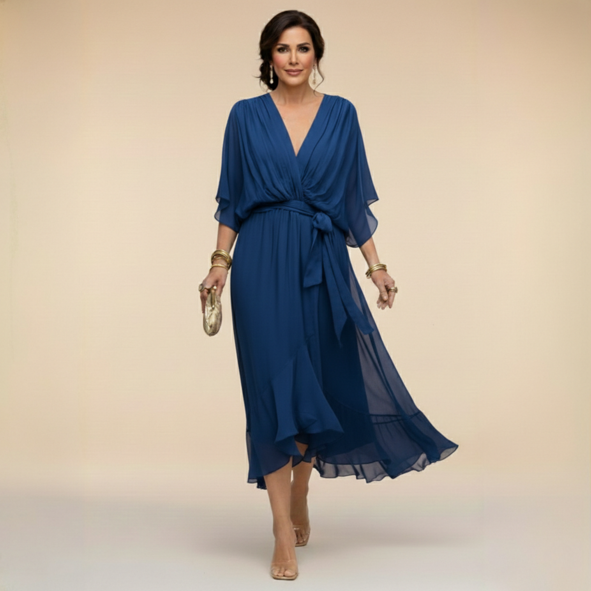 Lazira™ - Robe femme midi fluide col V manches amples ceinture élégante