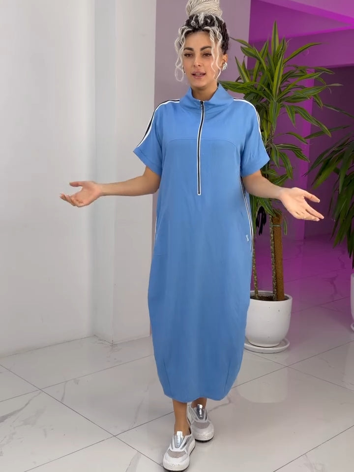 Gavrixa™ - Robe femme longue zippée col montant coupe fluide style sport chic confortable