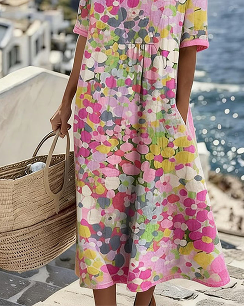 Averixa™ - Robe femme mi-longue imprimé floral abstrait coton lin été