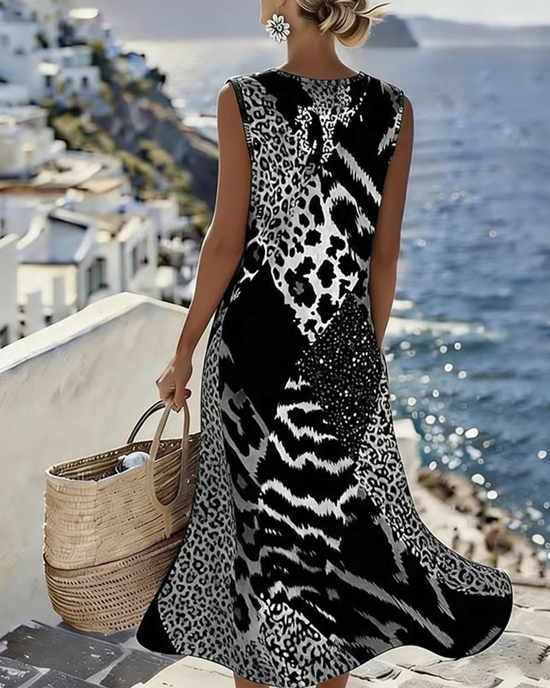 Larethi™ - Robe Longue Patchwork Léopard Sans Manches
