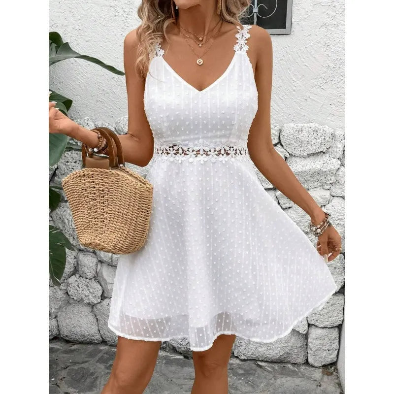 Lysa - Robe mini blanche femme à pois plumetis avec bretelles en dentelle