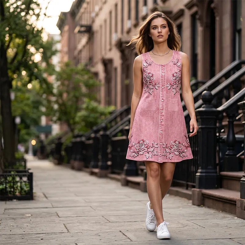 Vesper - Robe femme sans manches à fleurs avec boutons