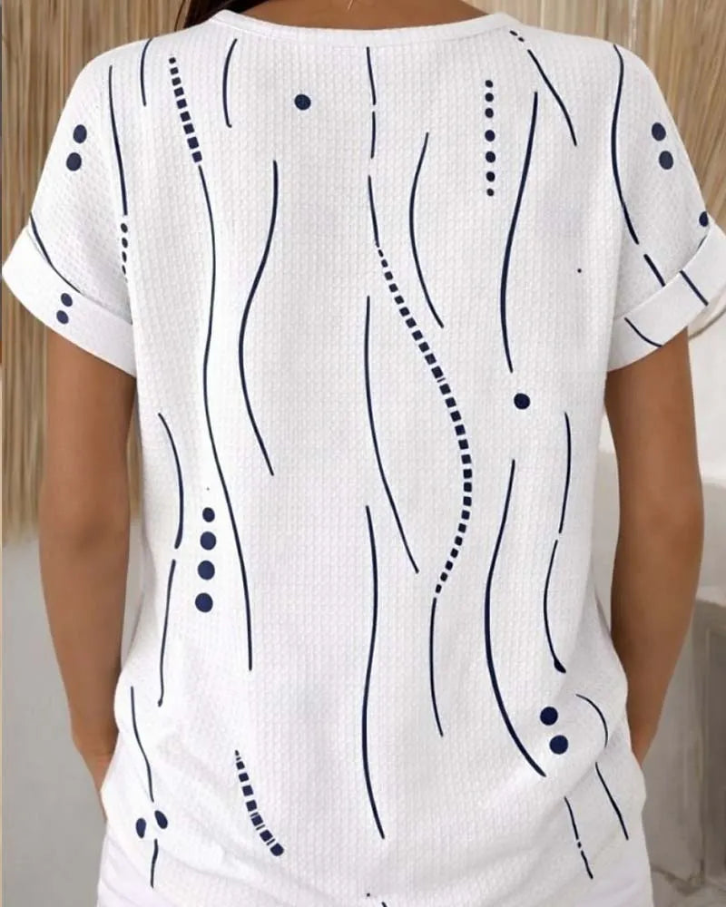Zelynn - T-shirt femme imprimé à manches courtes avec boutons