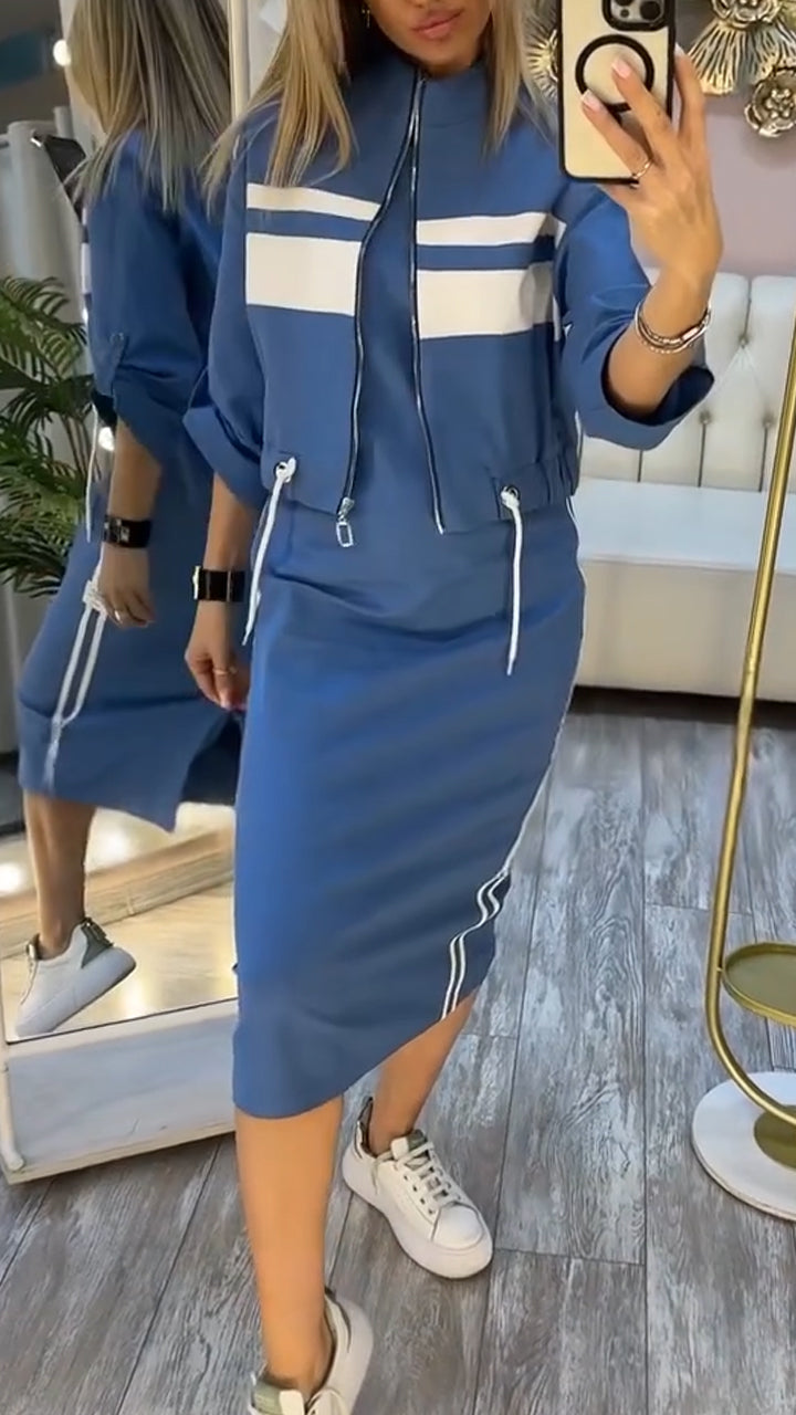 Pravella™ - Ensemble femme casual-chic avec robe midi à col rond et veste zippée