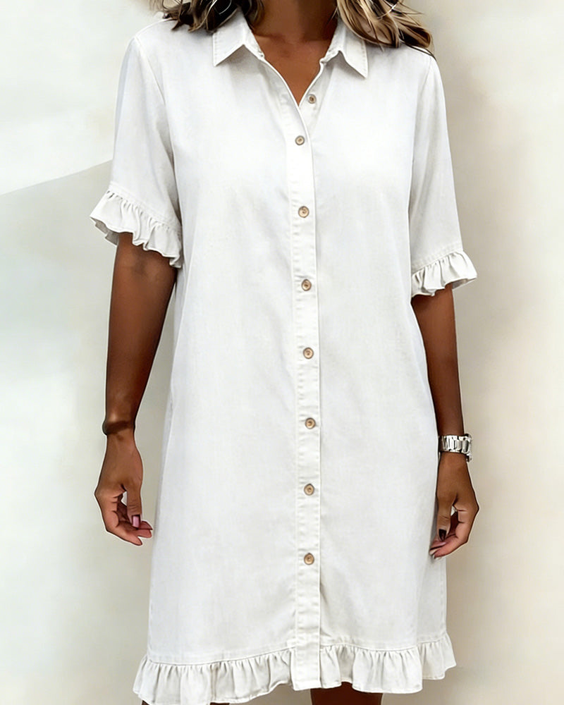 Glytha™ - Robe Femme Denim Boutonnée Manches Volants Coupe Droite Décontractée