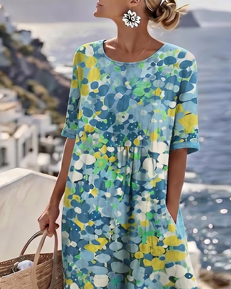 Averixa™ - Robe femme mi-longue imprimé floral abstrait coton lin été