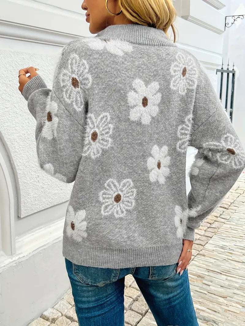 Pauline™ - Sweater à zip floral à épaules tombantes