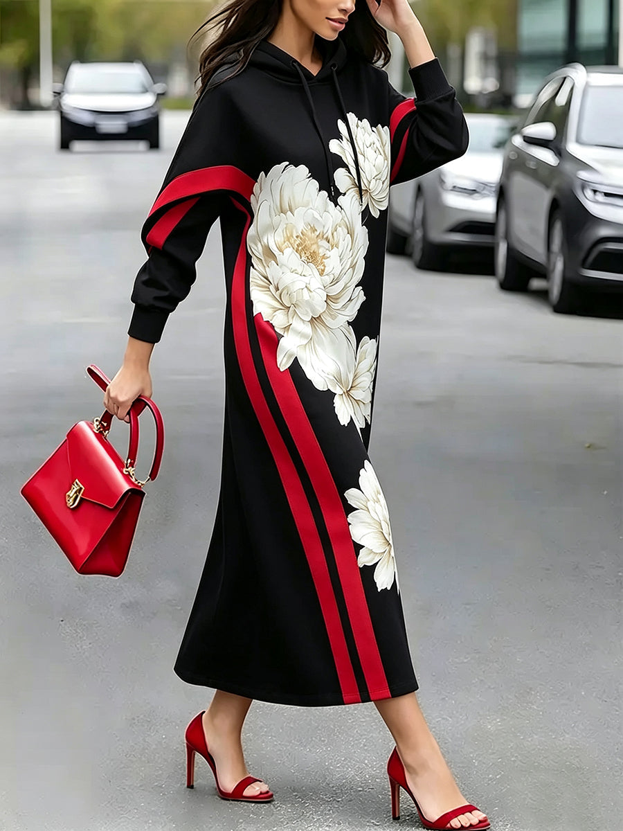 Goedele - Robe longue femme à capuche avec imprimé floral et manches longues