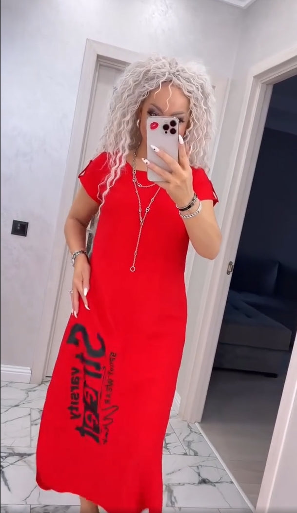 Delara™ - Robe à imprimé lettres avec col rond et fente au niveau des poches