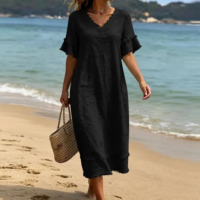 Naelle - Robe femme col V à franges style bohème
