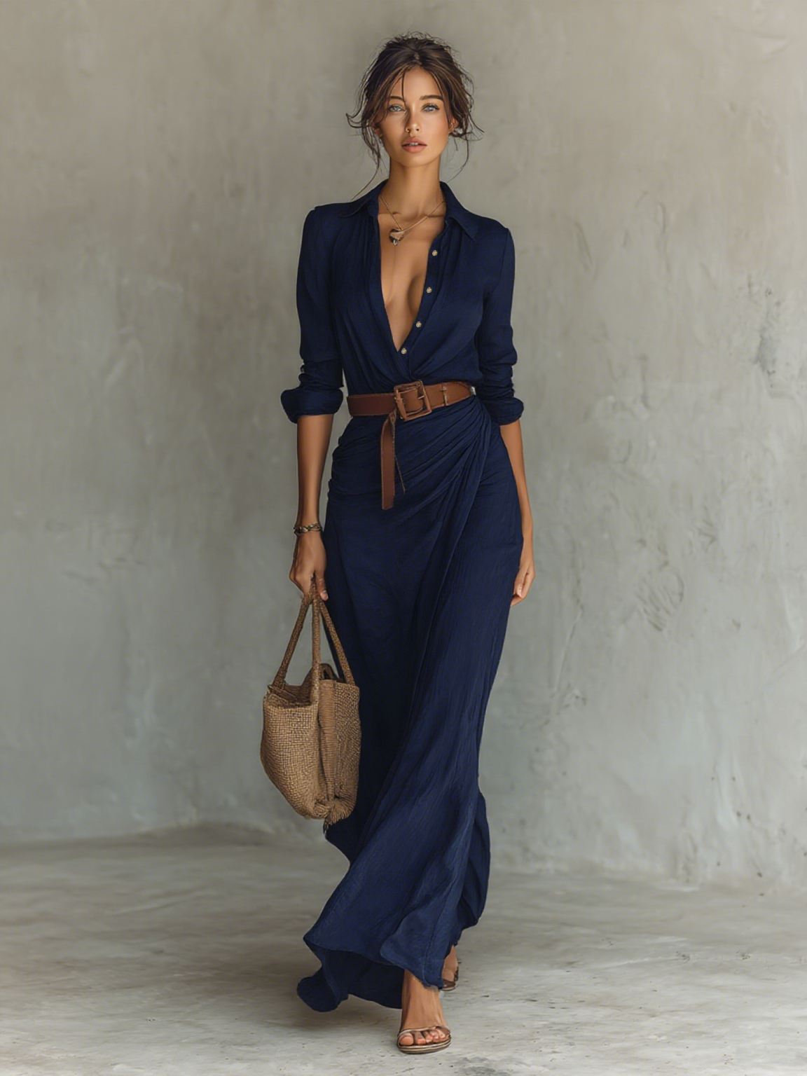 Joceline - Robe maxi femme chemise avec ceinture