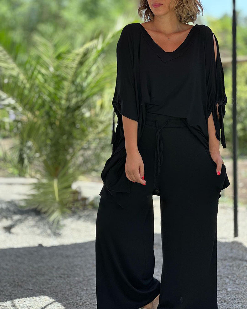 Ginevra™ - Ensemble décontracté deux pièces à décolleté en V et pantalon à jambes larges