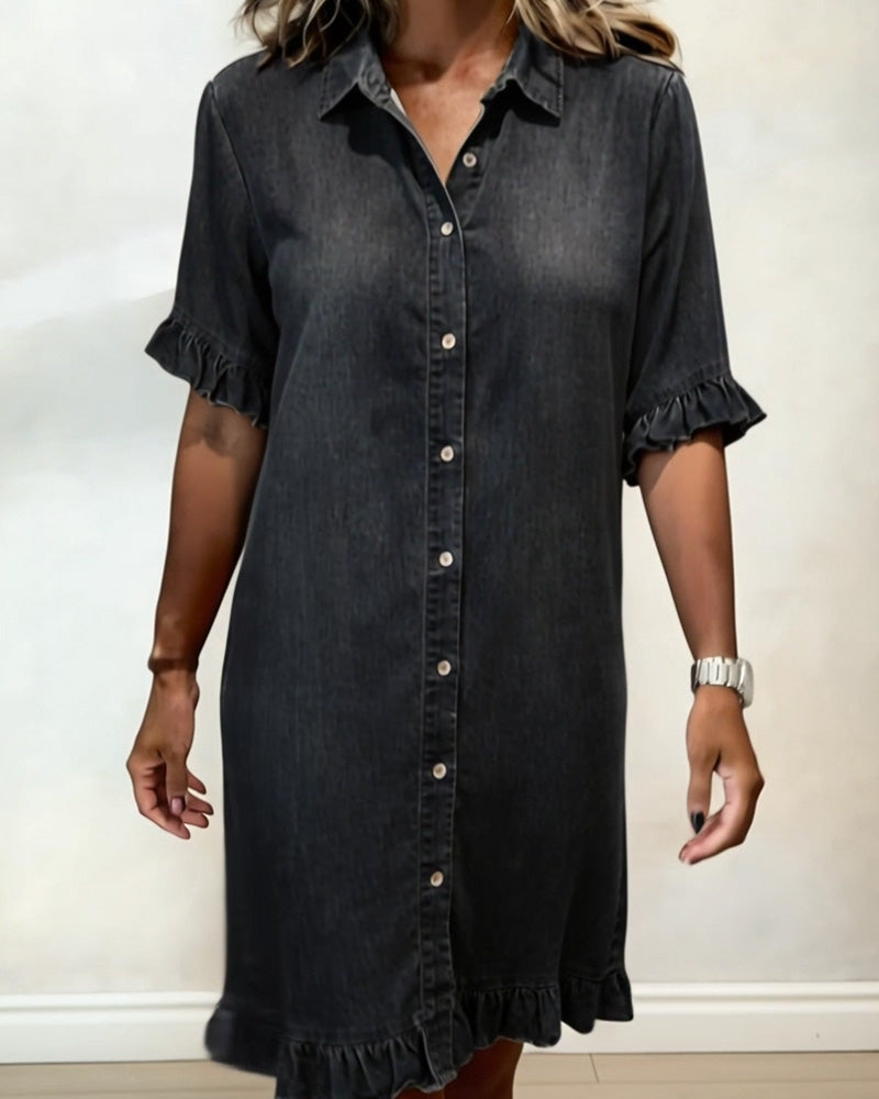 Glytha™ - Robe Femme Denim Boutonnée Manches Volants Coupe Droite Décontractée