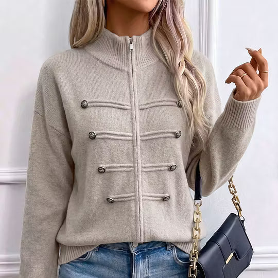 Teuntje - Gilet en maille femme à col montant zippé et boutons décoratifs