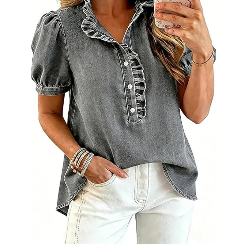 Caelith - Haut femme en denim avec col volanté