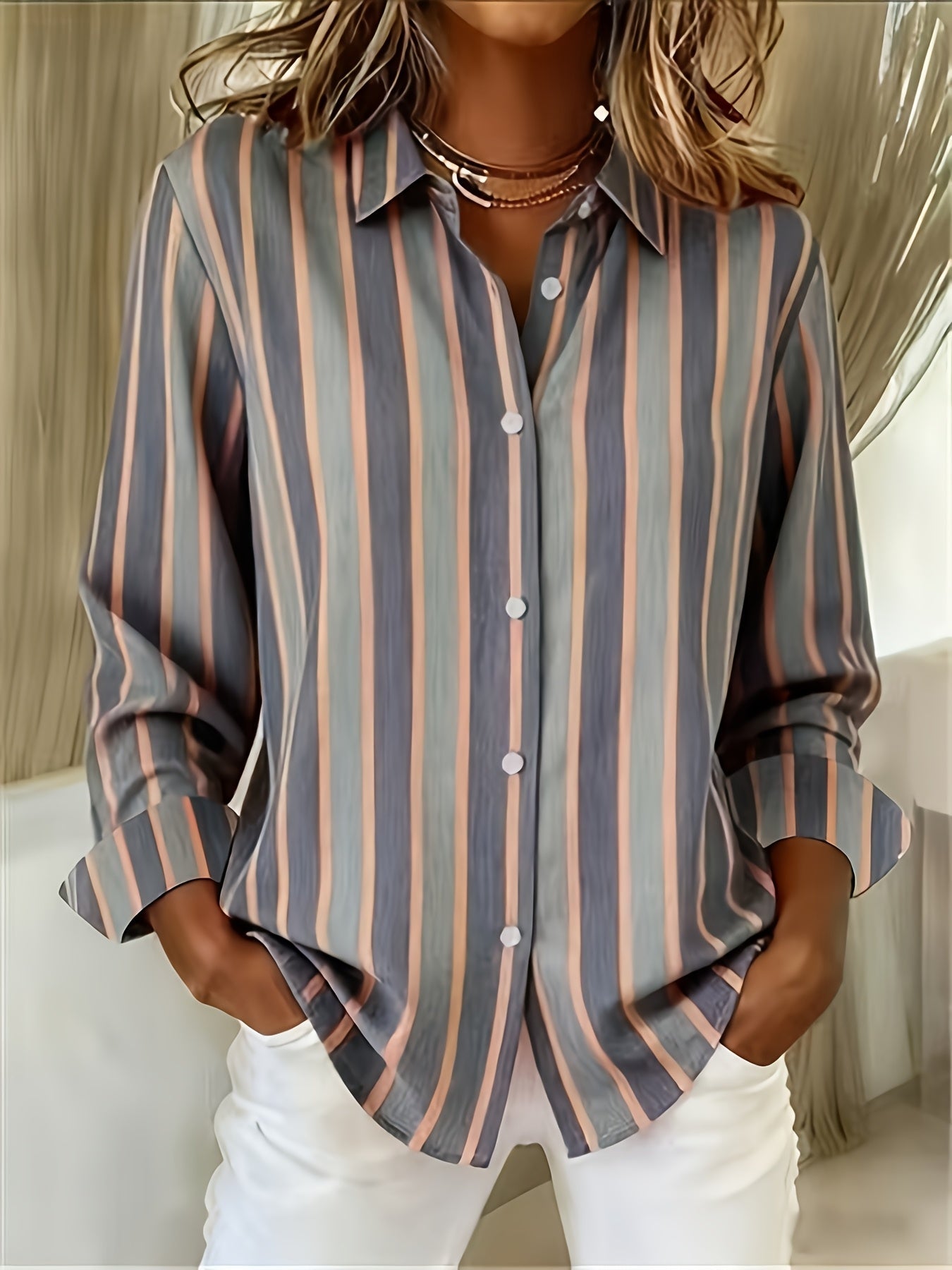 Qirexa™ - Chemise Femme Rayures Verticales Coupe Ample Boutonnée Style Décontracté