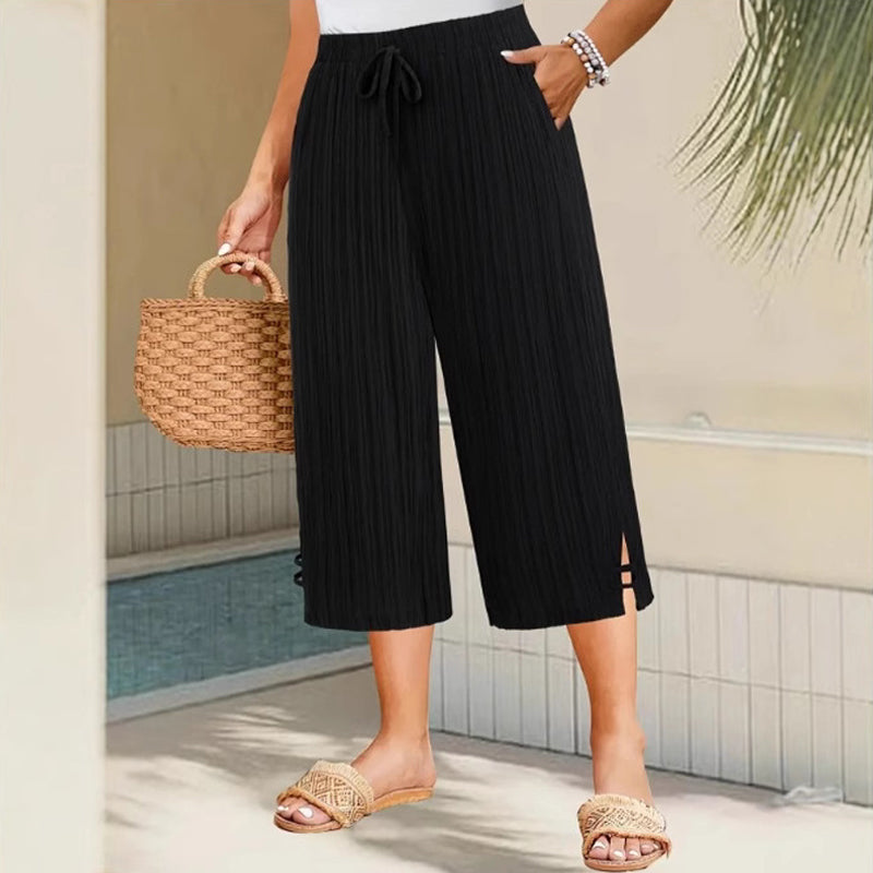 Cyntra™ - Pantalon Femme Coton Lin Jambes Larges Taille Confort Coupe Fluide